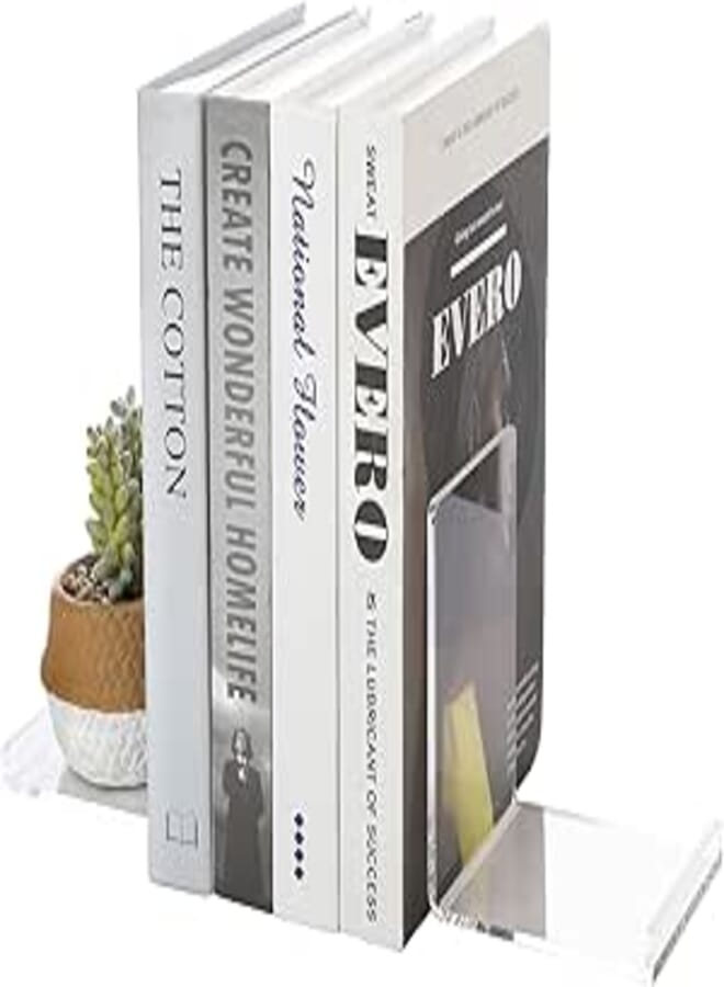 MyGift Modern Clear Acrylic L Shaped Bookends with Non-Slip Bottoms, Transparent Book Stands for School, Office, Library Shelves, 1 Pair
